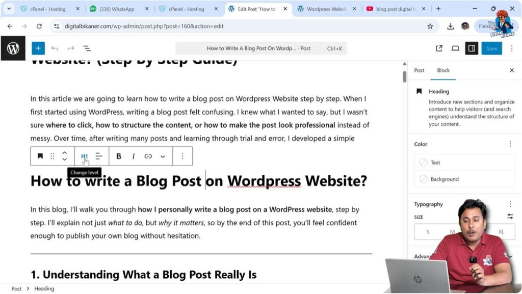 Selecting heading text in WordPress blog post editor