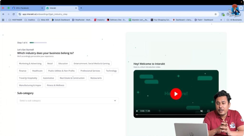 Selecting business industry and subcategory during Interakt onboarding process