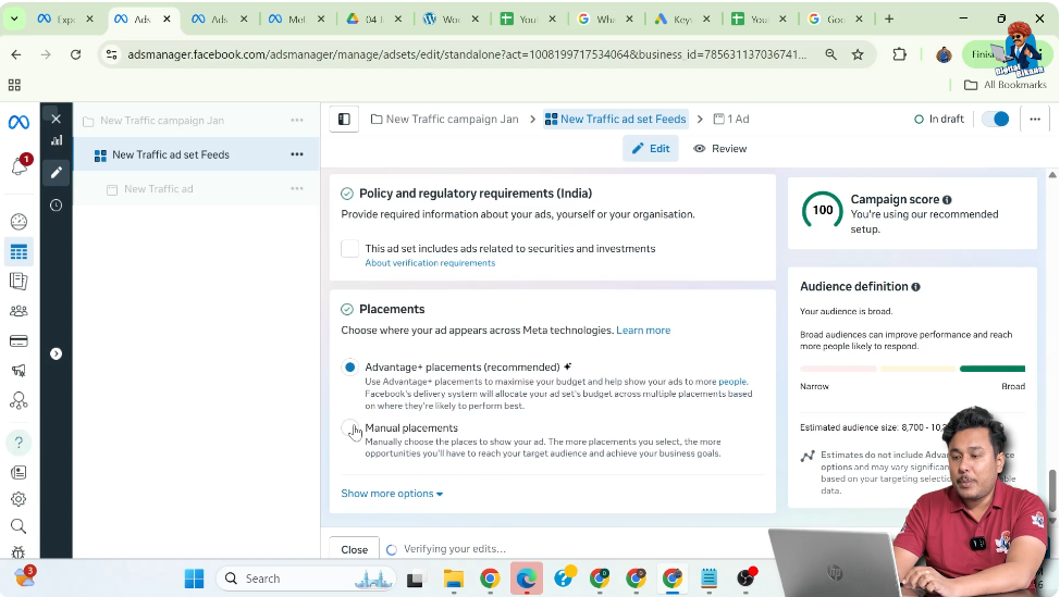 Selecting manual placements in WhatsApp call ad setup