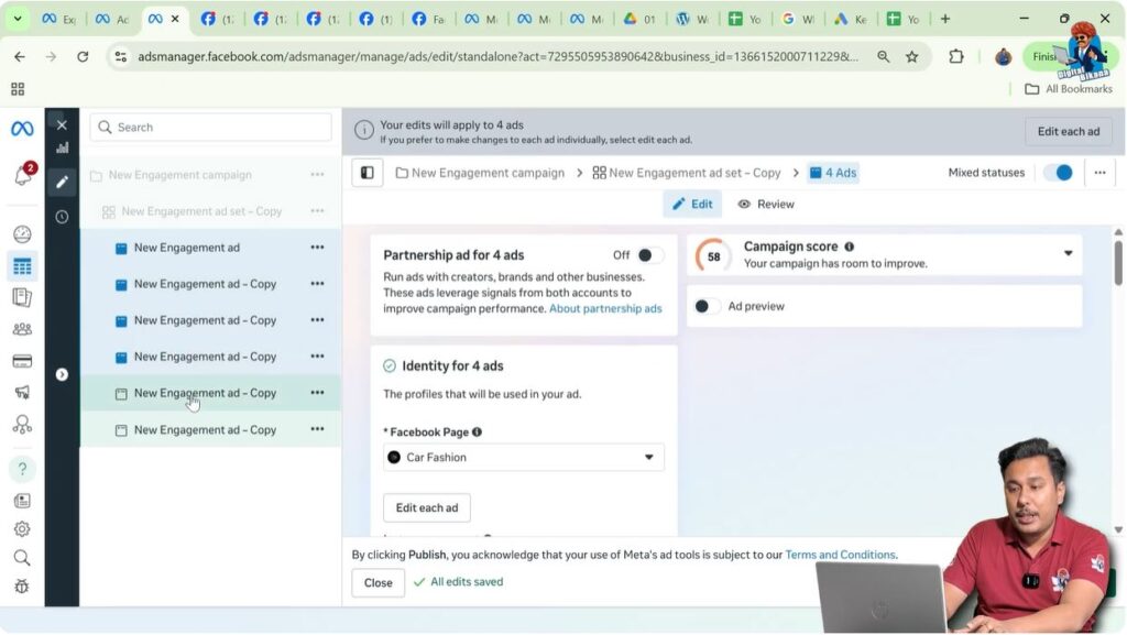 Selecting multiple ad sets using control key in Meta Ads Manager