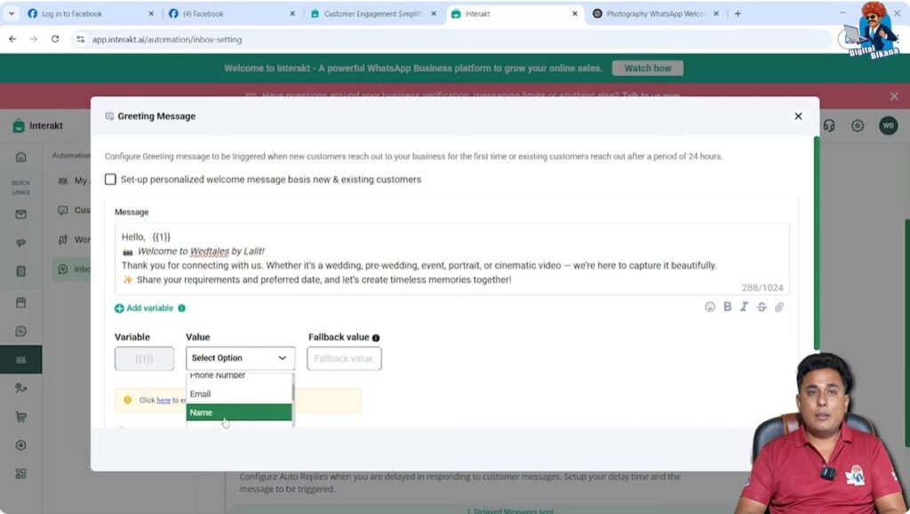 Adding name variable for personalized welcome message in Interakt