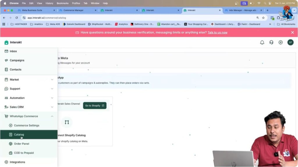 Selecting the Catalog option under WhatsApp Commerce in Interakt to manage WhatsApp API product listings