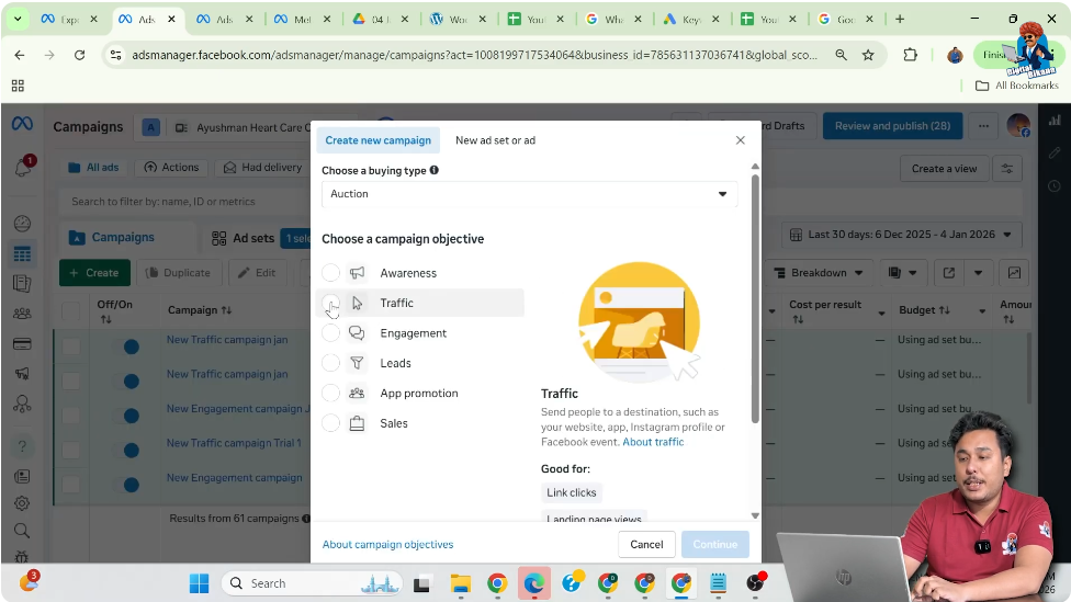 Selecting traffic objective in Facebook Ads Manager campaign setup