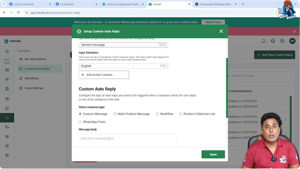 Service selection message configuration in Interakt for WhatsApp Business API chatbot