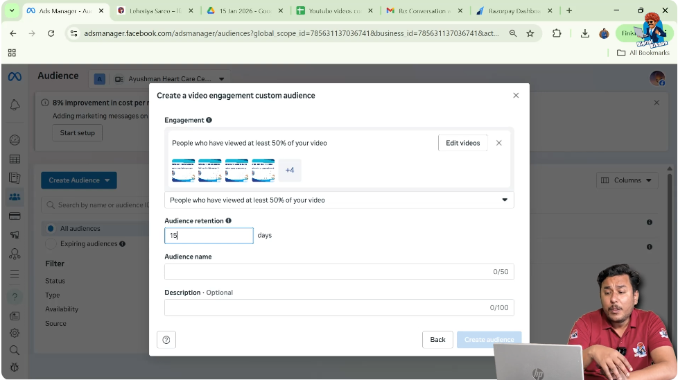Set audience retention days for video views custom audience in Facebook Ads Manager
