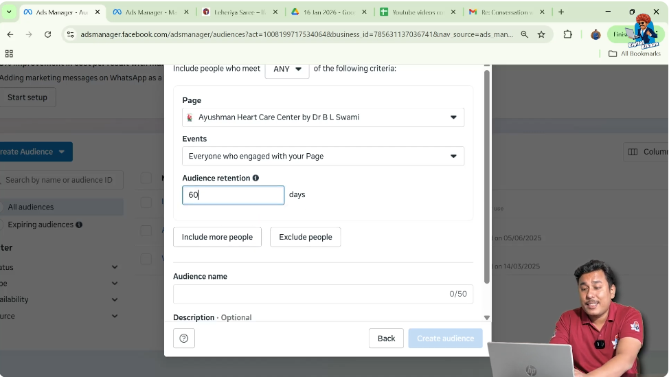 Setting 60 days retention for Facebook page engagement custom audience