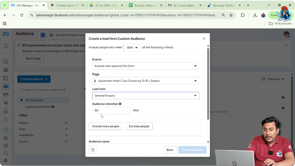 Set 30 days retention period while creating lead form custom audience in Facebook ads
