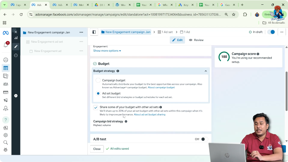 Selecting ad set level budget for message ads campaign