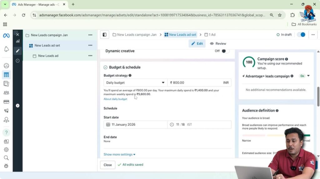 Configuring daily budget and ad schedule for Facebook lead ads campaign