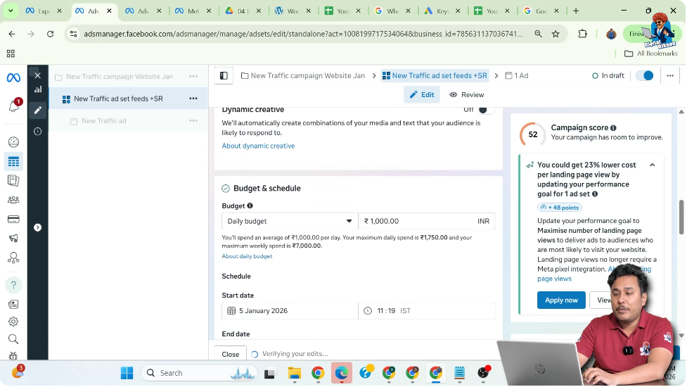 Setting daily budget for website traffic ad set