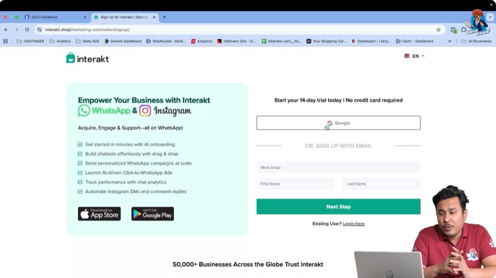 Signing up on Interakt using Google account for WhatsApp Business API access