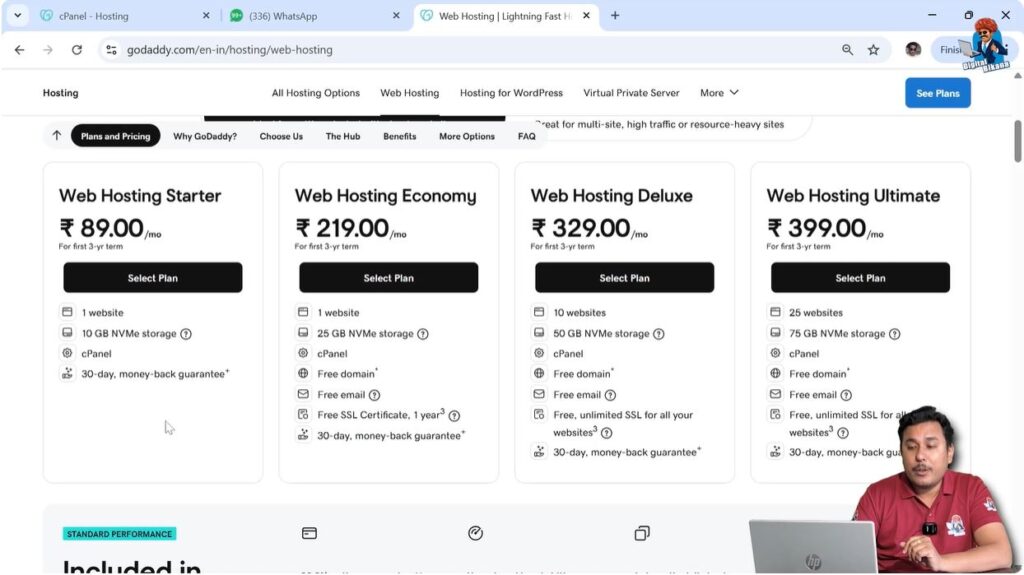 Comparing standard and high performance hosting plans on GoDaddy