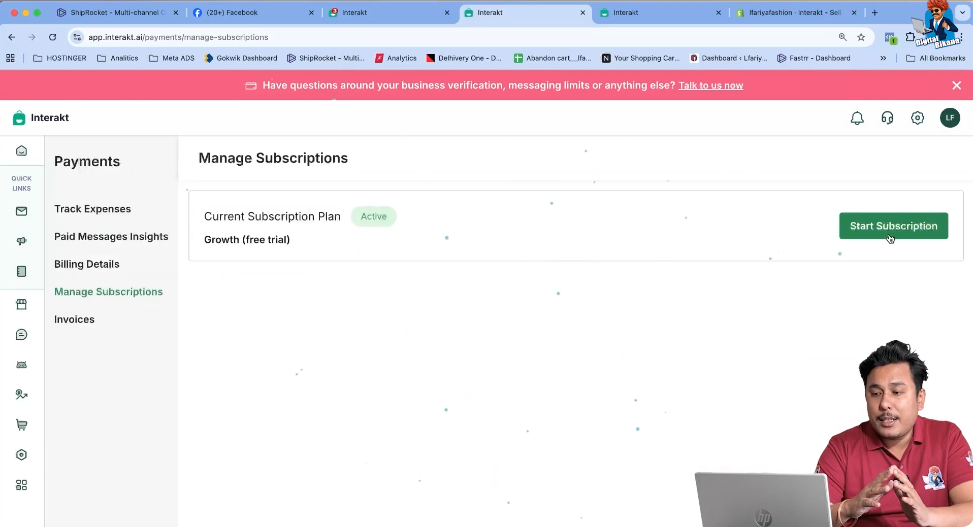 Clicking start subscription in Interakt to add GST information in WhatsApp API billing