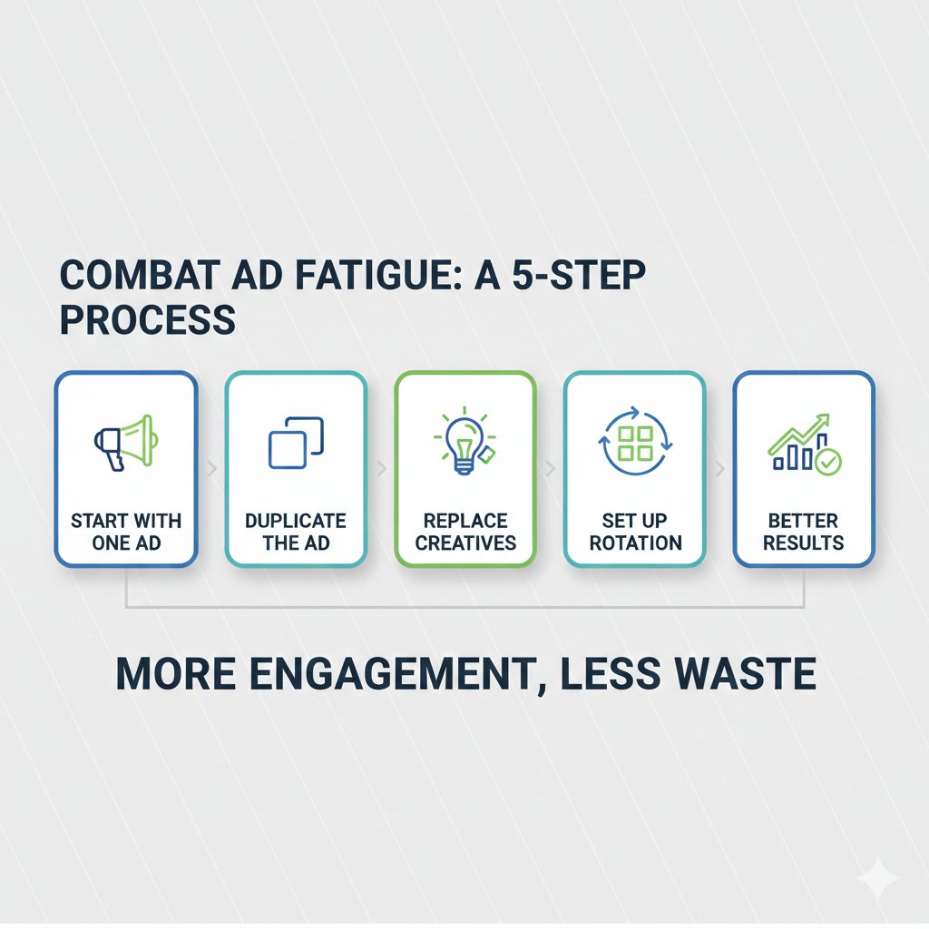 Steps to reduce ad fatigue by duplicating and changing Facebook ad creatives