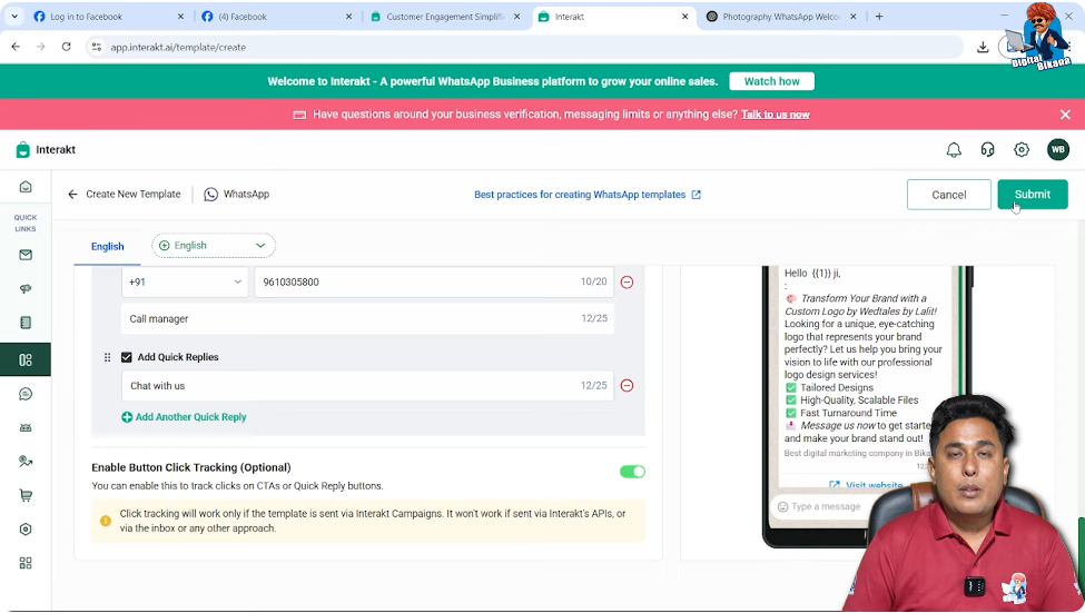 Submitting WhatsApp Business API marketing template for approval in Interakt