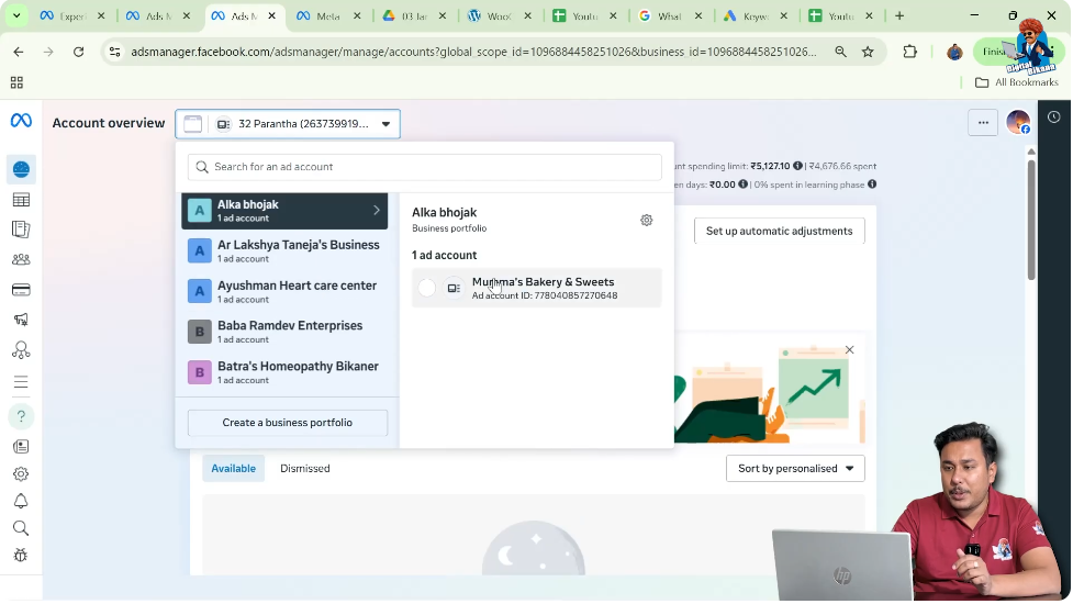 Switching ad account to check phone number verification option