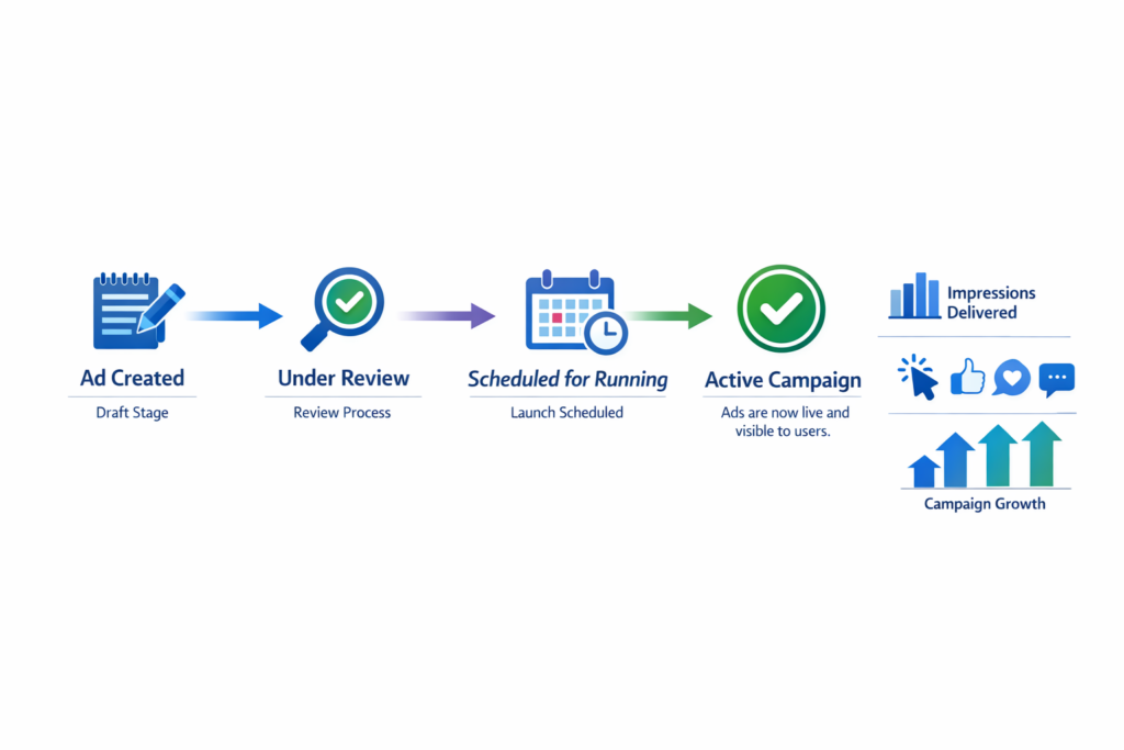 How Facebook ad campaign moves from scheduled to active