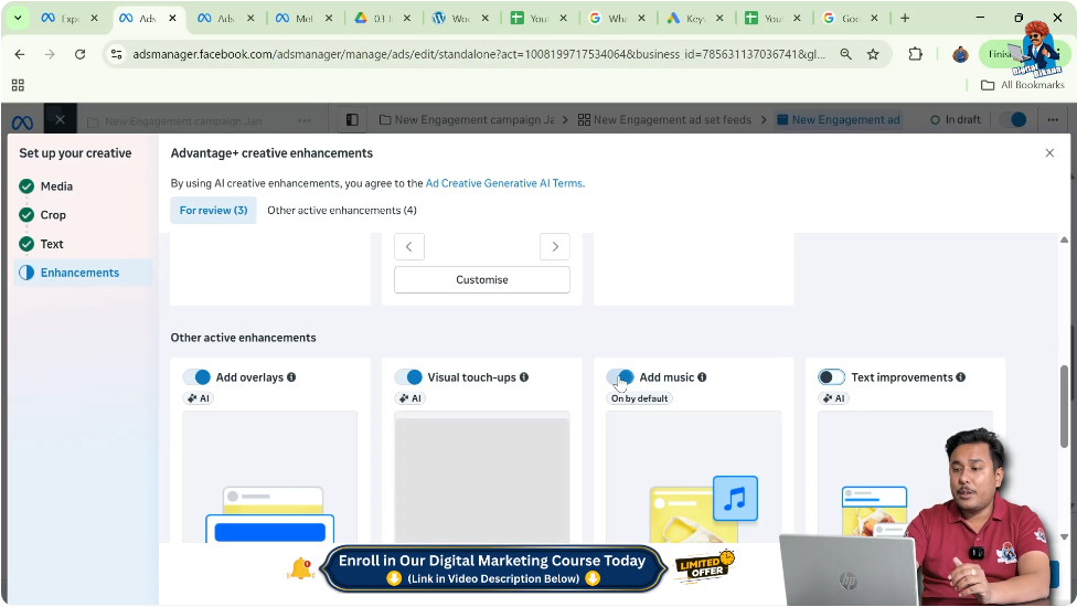Turning off Advantage Plus creative enhancements before publishing message ads