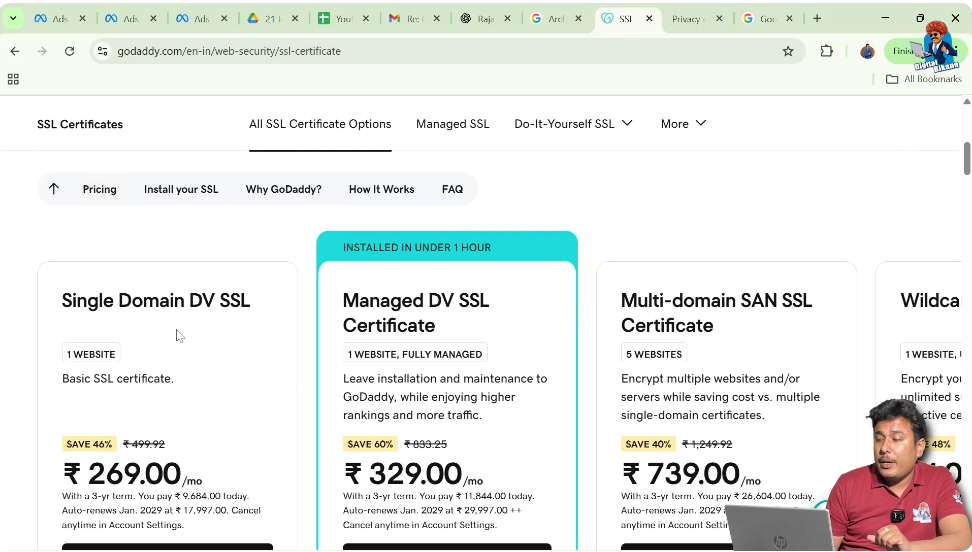 Different SSL certificate types including single domain and managed SSL
