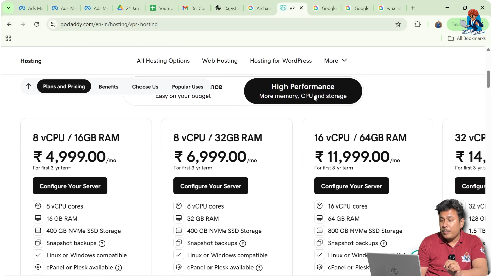 VPS hosting plan showing multiple CPUs high RAM and SSD storage