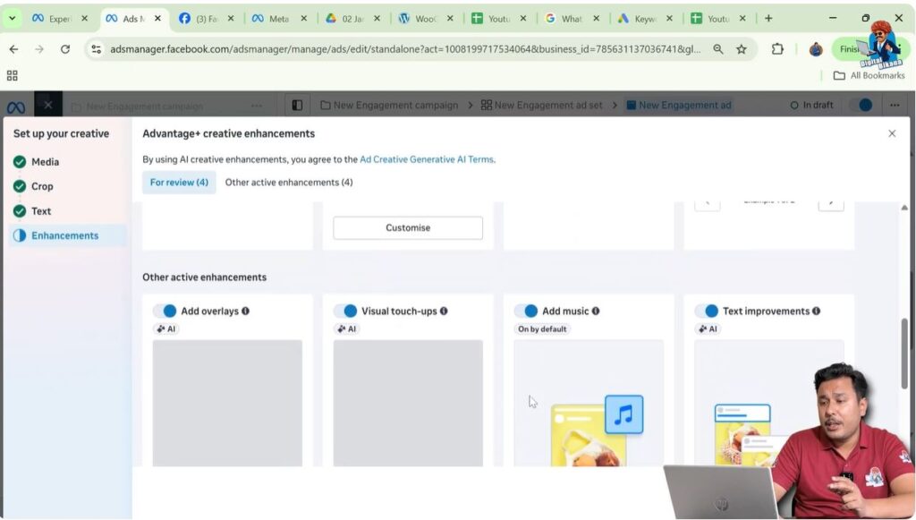 Advantage Plus Creative enhancement section showing music option