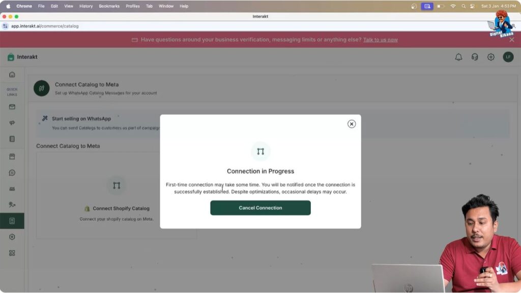 WhatsApp API catalog showing connection in progress status after starting Shopify product synchronization