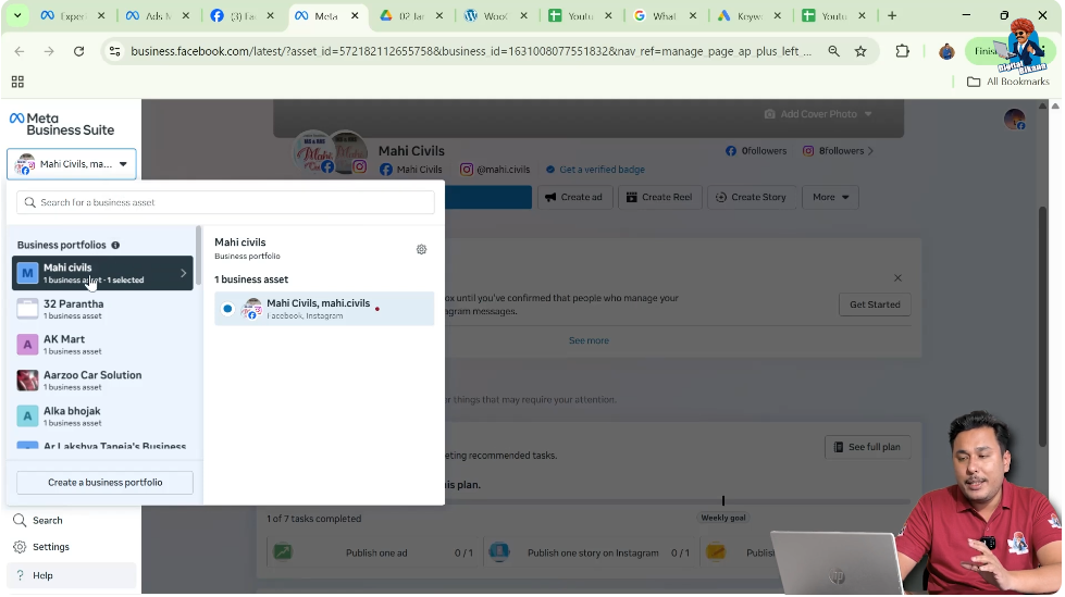 Business portfolio list visible inside Meta Business Suite dashboard