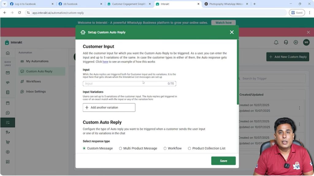 Custom Auto Reply components in Interakt showing input, input variation, message body, and buttons
