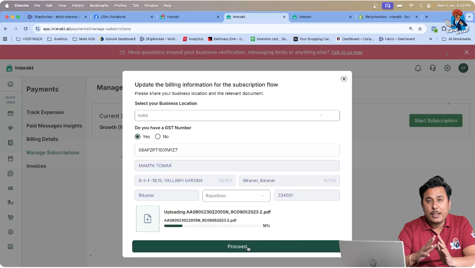 Uploading GST certificate PDF file in WhatsApp API billing dashboard