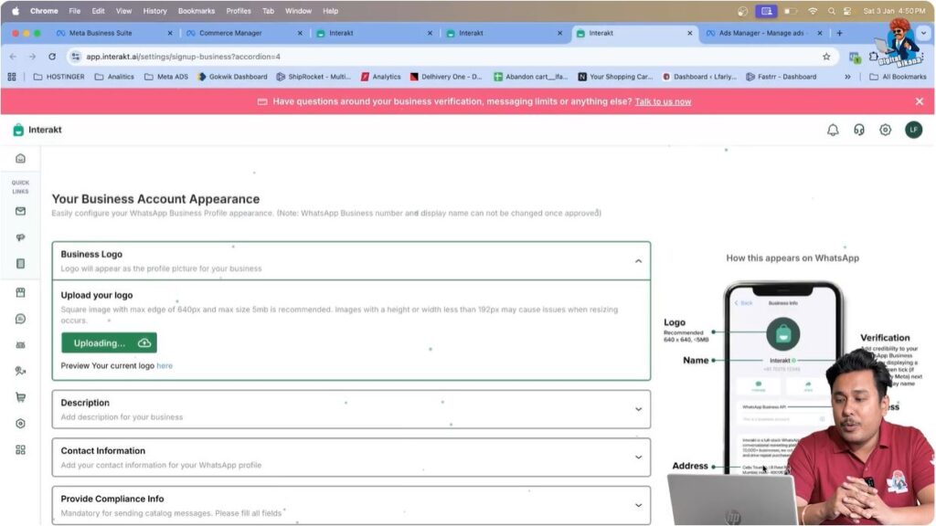 Uploading business logo in WhatsApp Business API profile using Interakt
