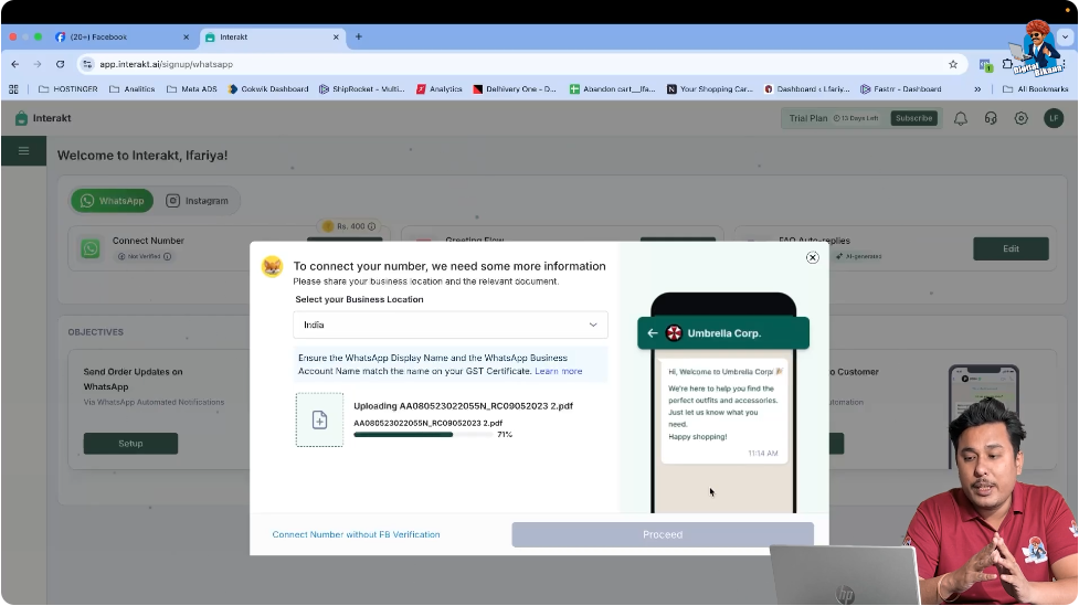 Uploading GST certificate or business document for WhatsApp Business API number verification in Interakt