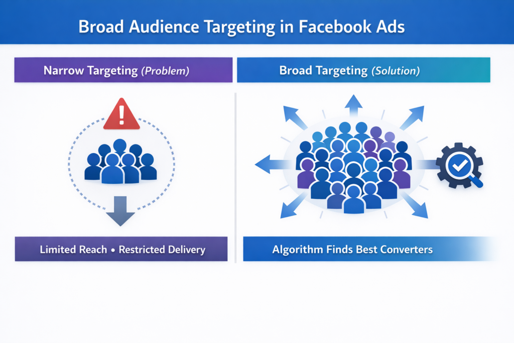 Use broad audience targeting in Facebook ads to improve conversion rate