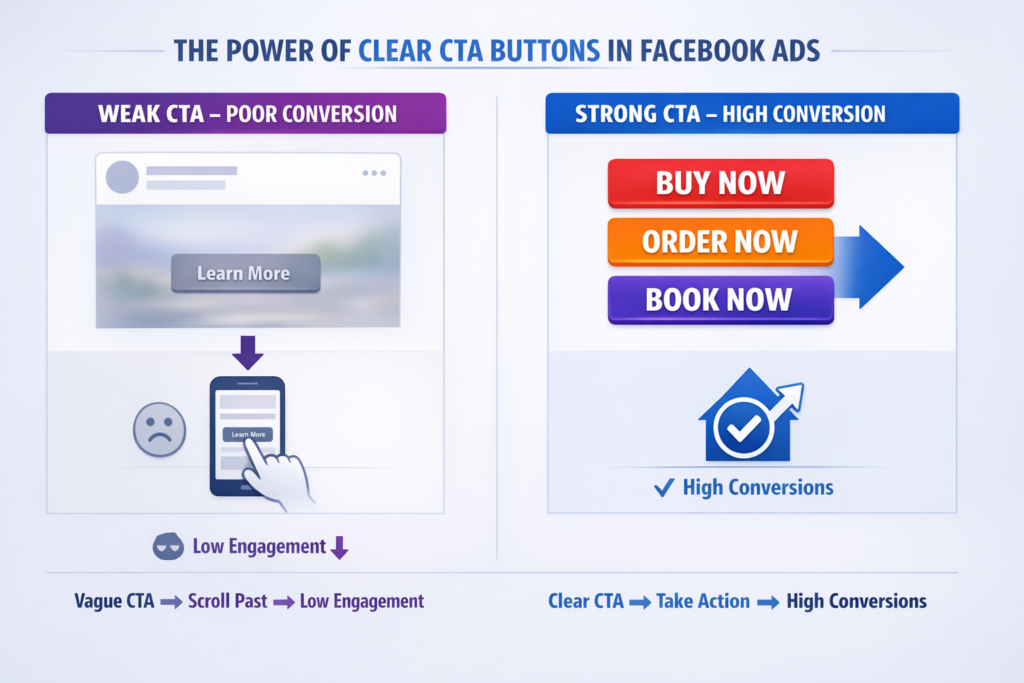 Use clear CTA buttons like buy now or book now to increase Facebook ads conversions