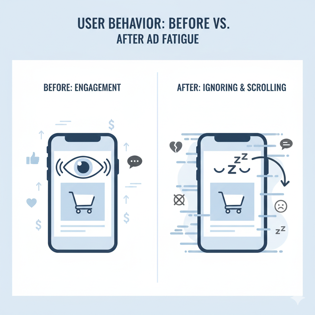 User behavior changes during ad fatigue such as scrolling ads on Facebook and Instagram