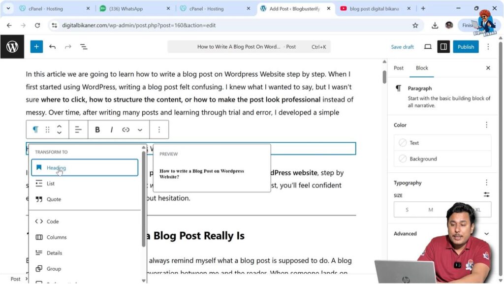 Changing paragraph text into H1 H2 and H3 headings in WordPress