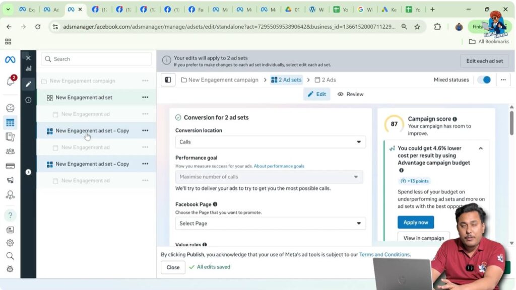 Multiple ad sets highlighted together for deletion