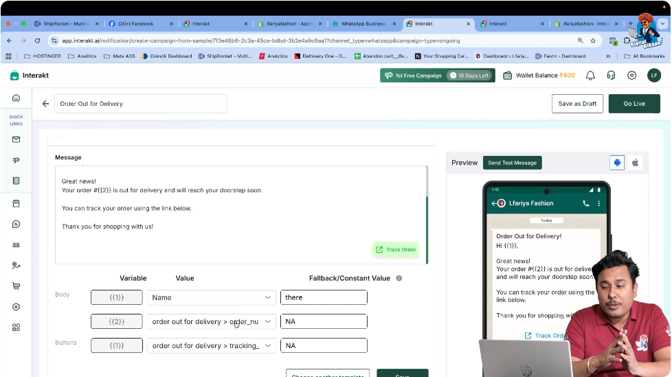 Verify auto-filled message template, variables, and settings for Order Out for Delivery campaign in WhatsApp Business API.