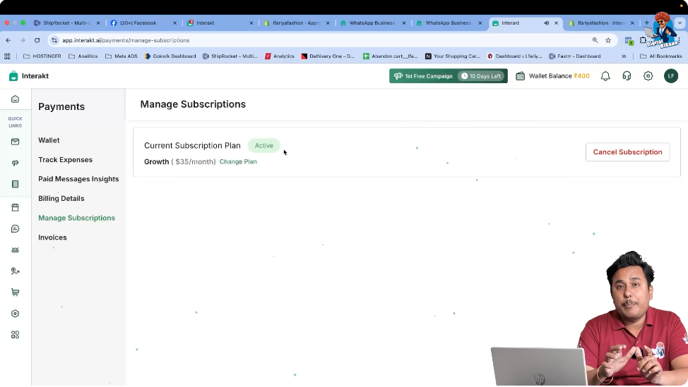 Verify active Interakt WhatsApp Business API subscription in Manage Subscription section