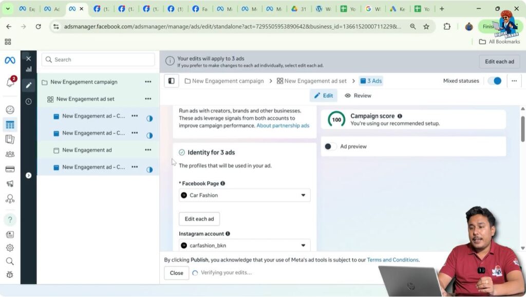 Multiple duplicated ad creatives visible in single ad set