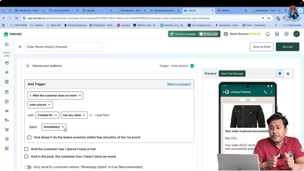 Verify prepaid order placed trigger event is correctly selected in WhatsApp Business API campaign