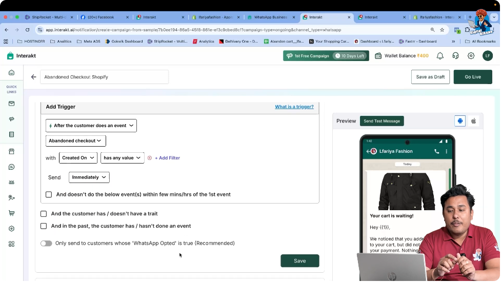 Checking abandoned checkout triggering event selected automatically in Interakt WhatsApp Business API campaign
