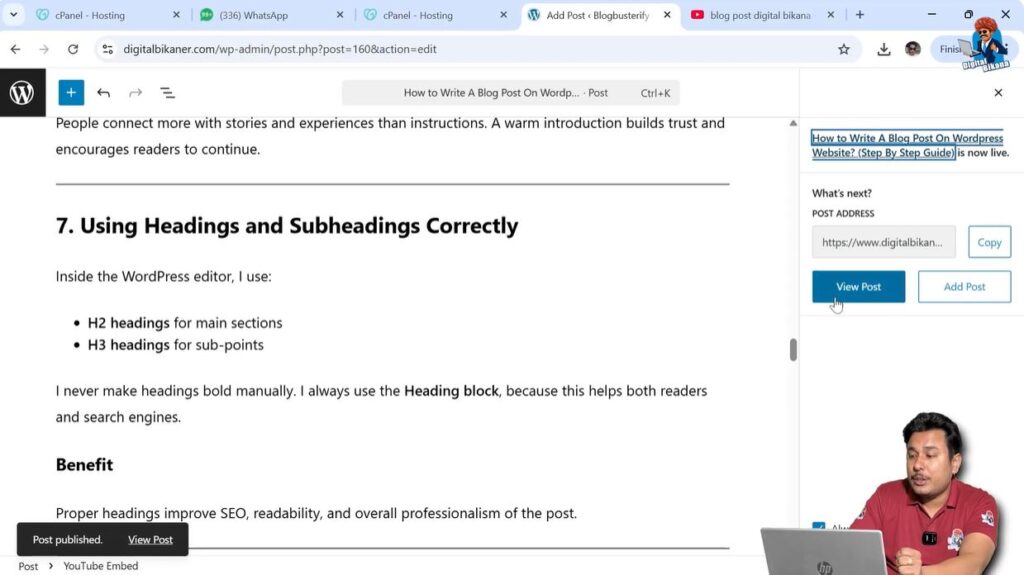 Viewing published WordPress blog post on website frontend