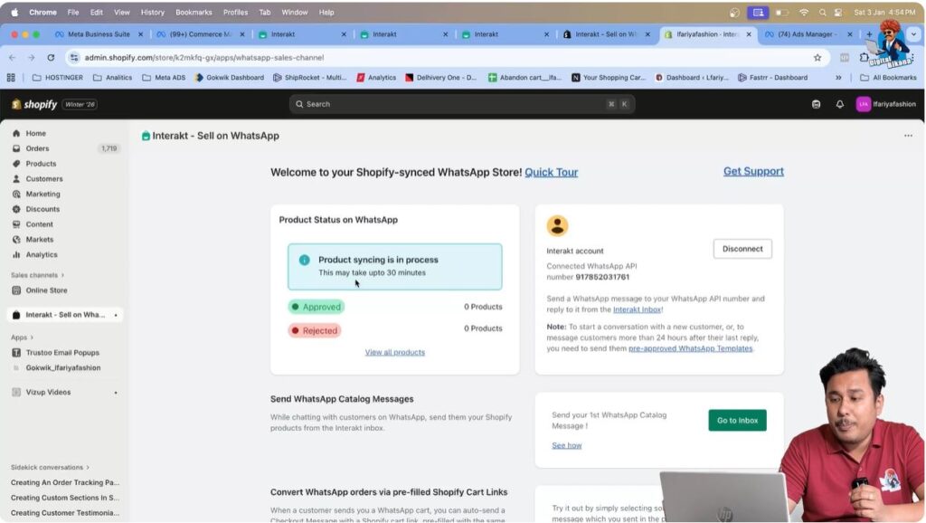 Shopify dashboard popup showing product synchronization in progress for WhatsApp API catalog integration