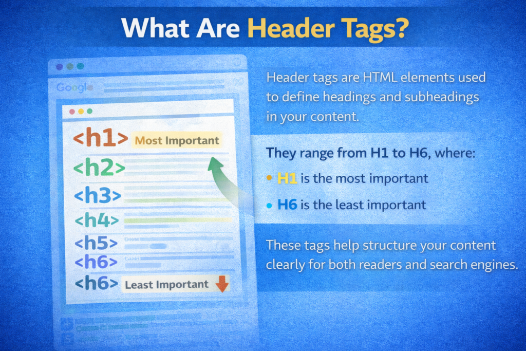 HTML code snippet displaying H1 to H6 header tags