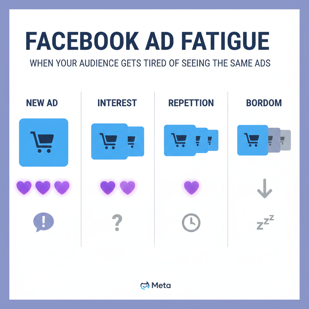 What is ad fatigue in Facebook ads explained with repeated ad creatives and declining user interest
