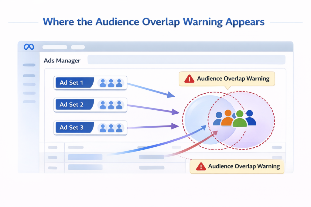 Audience overlap warning popup shown in Meta Ads Manager during campaign setup