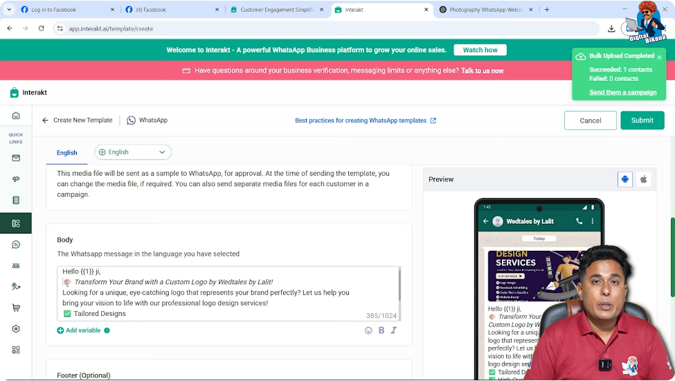 Writing personalized message body with name variable in WhatsApp Business API template