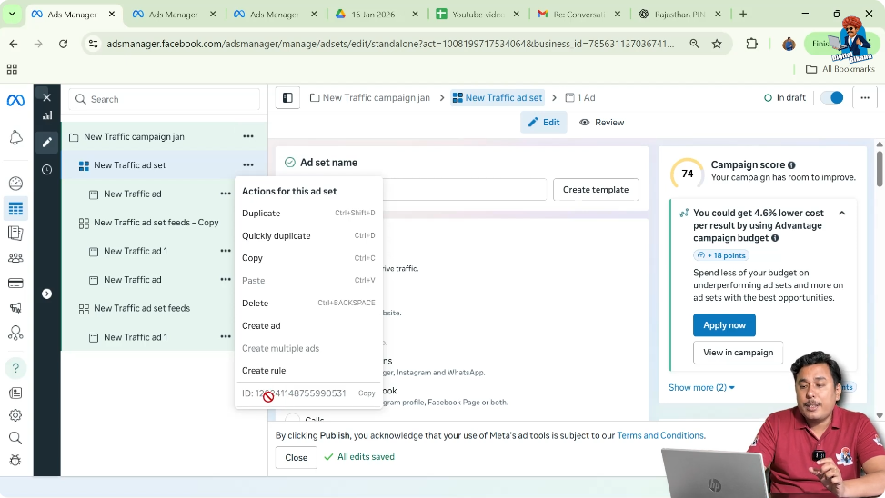 Finding ad set ID from three dot menu at ad set level
