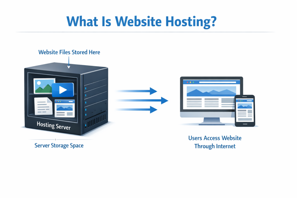 Diagram showing website files stored on server explaining what is hosting