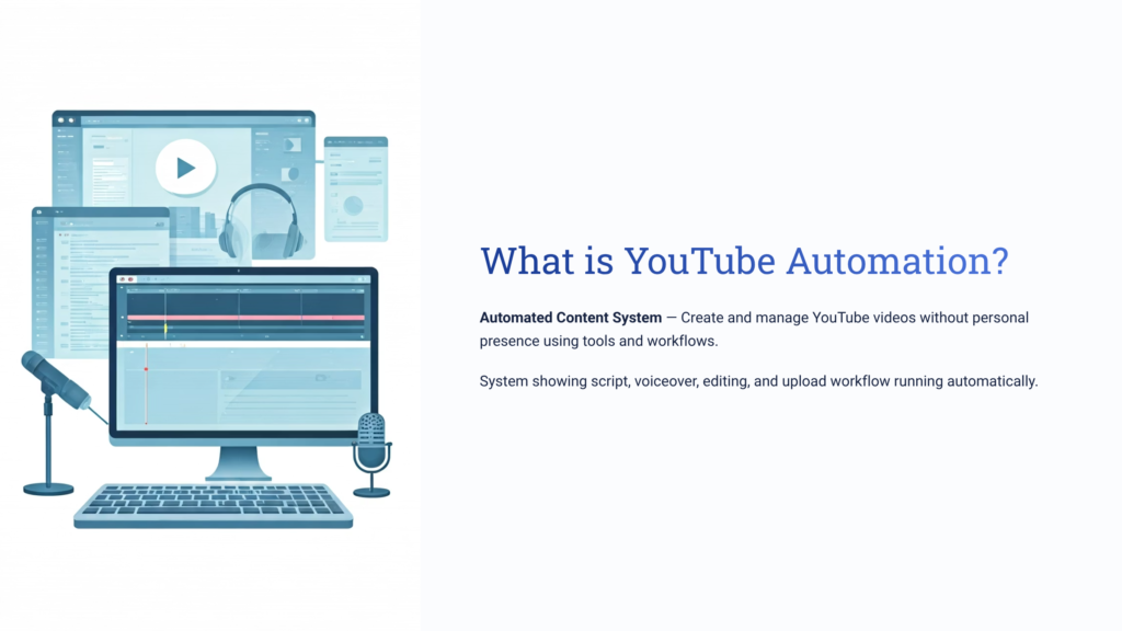 YouTube automation system showing faceless video creation and workflow process